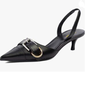 Wo Wagas Black Pointed Toe Kitten Heel Pumps Buckles Low Heels Slingback Shoes